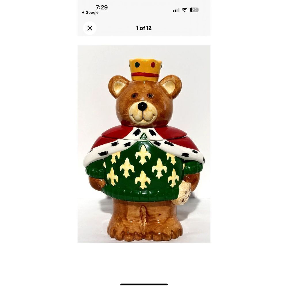 Neiman Marcus Christmas Cookie Jar Teddy Bear King Crown 1994 Hand Painted